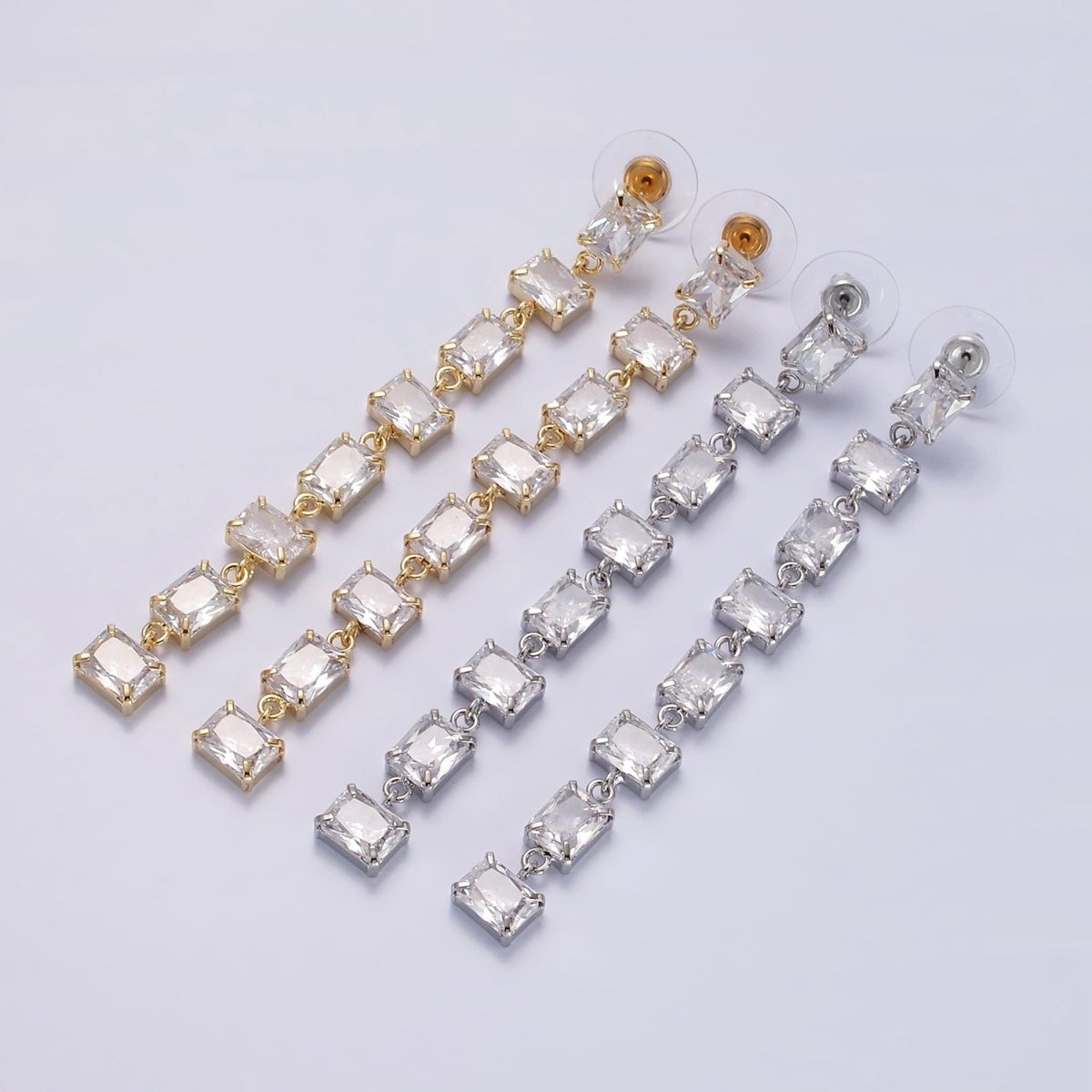 85mm Clear Baguette CZ Linear Drop Stud Earrings in Gold & Silver | AE281 AE282 - DLUXCA