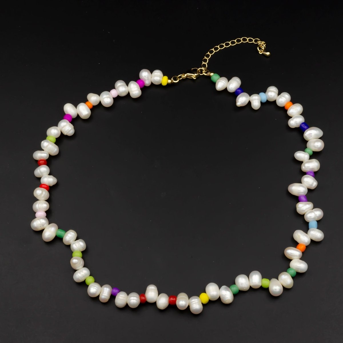 8mm Double Natural Oval Ringed Freshwater Pearl Multicolor Rainbow Bead 16 Inch Choker Necklace w. 2 Inch Extender | WA-305 Clearance Pricing - DLUXCA