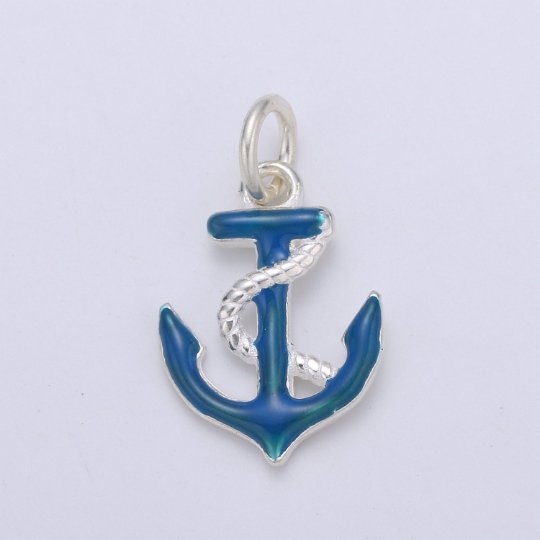 925 Sterling Silver Blue Anchor Charm, Sailor Charm Silver Anchor and Rope Charm for Necklace Bracelet Earring, Blue Sailor Charm SL-046 - DLUXCA