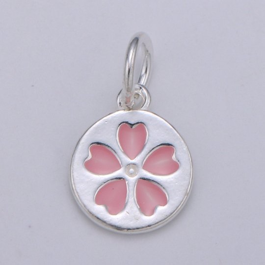 925 Sterling Silver Clover Charm, Round Disc Charm Pink Heart Charm for Necklace Bracelet Earring, Love Heart Charm, SL-HJ-40 - DLUXCA