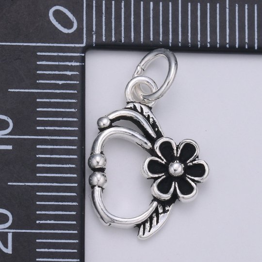 925 Sterling Silver Flower Bangle Charm, Floral Charm Silver Black Flower Charm for Necklace Bracelet Earring, Cute Flower Charm, SL-085 - DLUXCA
