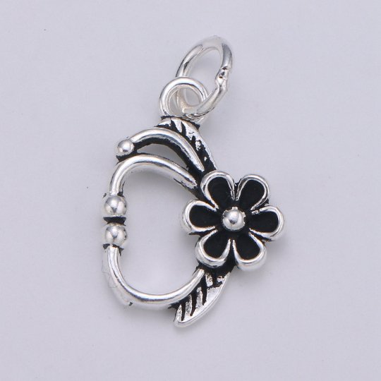 925 Sterling Silver Flower Bangle Charm, Floral Charm Silver Black Flower Charm for Necklace Bracelet Earring, Cute Flower Charm, SL-085 - DLUXCA
