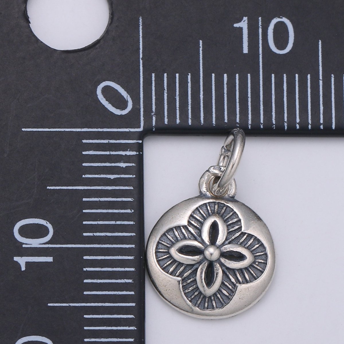 925 Sterling Silver Four Petal Flower Charm, Coin Floral Charm Silver Black Flower Charm for Necklace Bracelet Earring, Flower Charm SL-164 - DLUXCA
