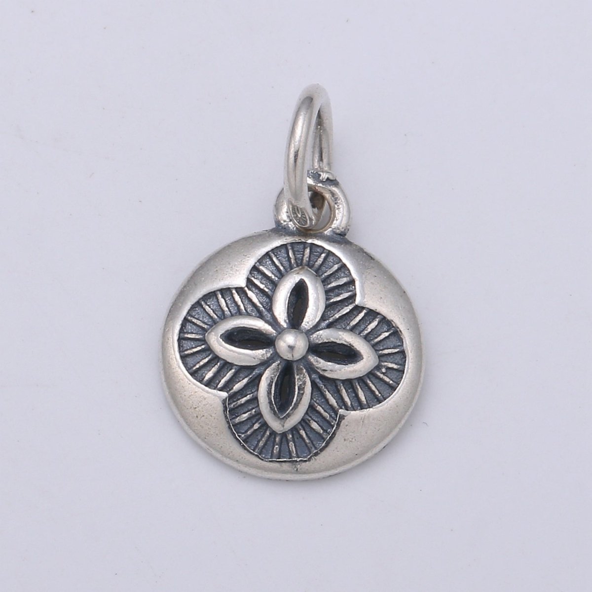 925 Sterling Silver Four Petal Flower Charm, Coin Floral Charm Silver Black Flower Charm for Necklace Bracelet Earring, Flower Charm SL-164 - DLUXCA