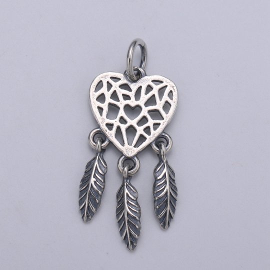 925 Sterling Silver Heart Dream Catcher Charm, Love Charm Bohemian Charm for Necklace Bracelet Earring Component Boho Jewelry Inspired SL-190 - DLUXCA