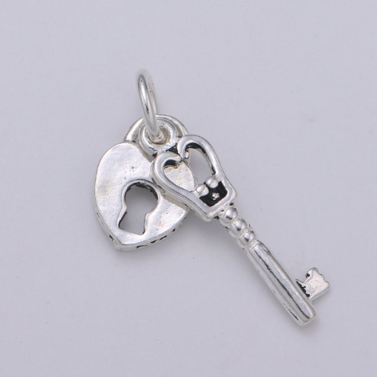 925 Sterling Silver Heart Lock and Key Charm, Couples Charm Silver Heart Charm for Necklace Bracelet Earring, Two Piece Charm SL-193 - DLUXCA