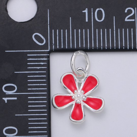 925 Sterling Silver Hot Red Flower Charm, Floral Charm Silver Flower Charm for Necklace Bracelet Earring, Red Jasmine Charm SL-048 - DLUXCA