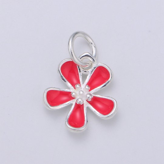 925 Sterling Silver Hot Red Flower Charm, Floral Charm Silver Flower Charm for Necklace Bracelet Earring, Red Jasmine Charm SL-048 - DLUXCA