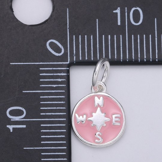 925 Sterling Silver Pink Compass Charm, Coin Compass Charm Silver Compass Charm for Necklace Bracelet Earring, Travel Charm SL-051 - DLUXCA