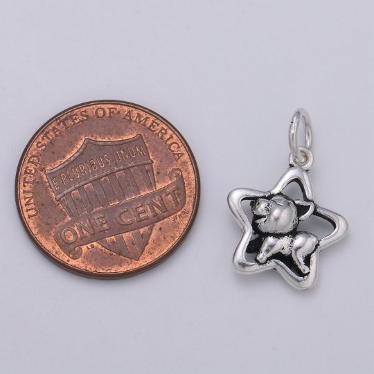 925 Sterling Silver Puppy Charm, Animal Charm Silver Dog Charm for Necklace Bracelet Earring, Star Charm SL-195 - DLUXCA