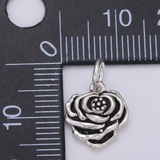 925 Sterling Silver Rose Charm, Floral Charm Silver Black Rose Charm for Necklace Bracelet Earring, Floral Charm SL-138 - DLUXCA