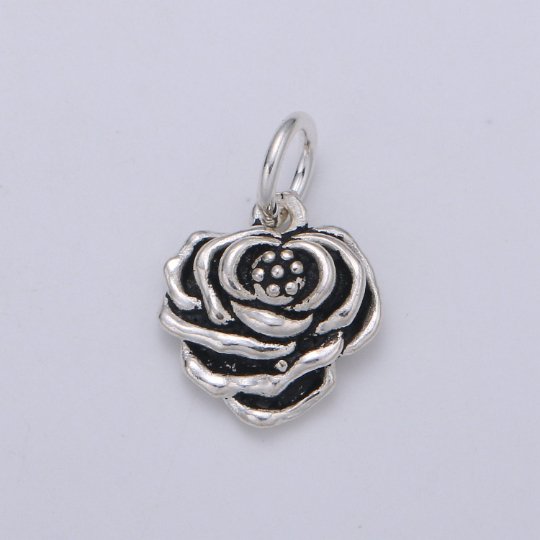 925 Sterling Silver Rose Charm, Floral Charm Silver Black Rose Charm for Necklace Bracelet Earring, Floral Charm SL-138 - DLUXCA