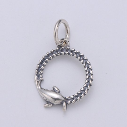 925 Sterling Silver Seaweed Dolphin Charm, Circle Charm Silver Baby Dolphin Charm for Necklace Bracelet Earring, Seaweed Charm SL-131 - DLUXCA