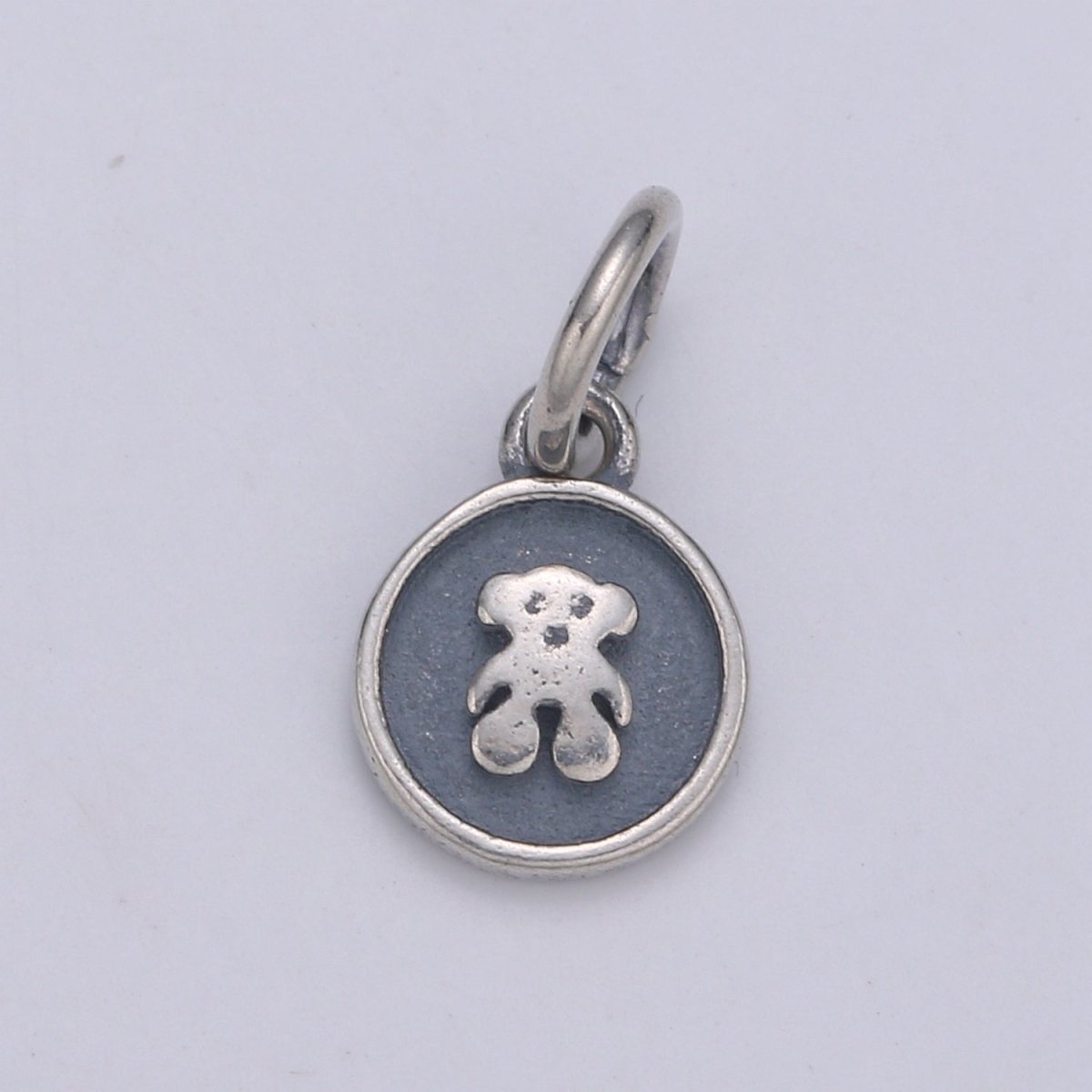 925 Sterling Silver Teddy Bear Charm, Antique Silver Bear Charm Circle Round Disc Charm for Necklace Bracelet Earring, Cute Charm SL-153 - DLUXCA