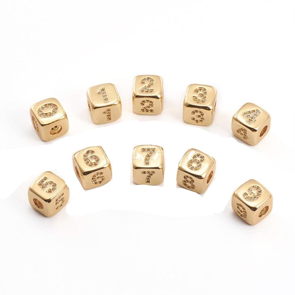 9mm Gold Initial Number Beads, 1,2,3,4,5,6,7 Beads, Arabic Number Beads Micro Pave Dice Block Charm for Bracelet Necklace Supply 0-9 year B-403 ~ B-412 - DLUXCA