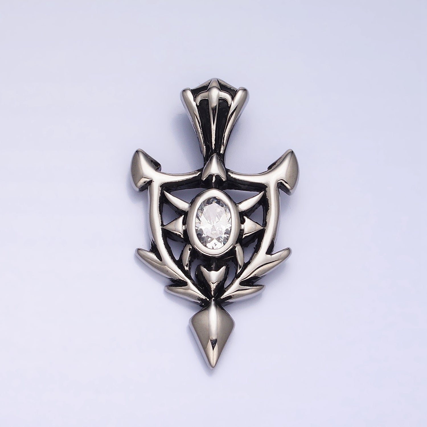 Stainless Steel Clear Oval CZ Sharp Horned Pointed Arrow Crest Shield Pendant in Gold & Silver | AB1311 AB1312 - DLUXCA