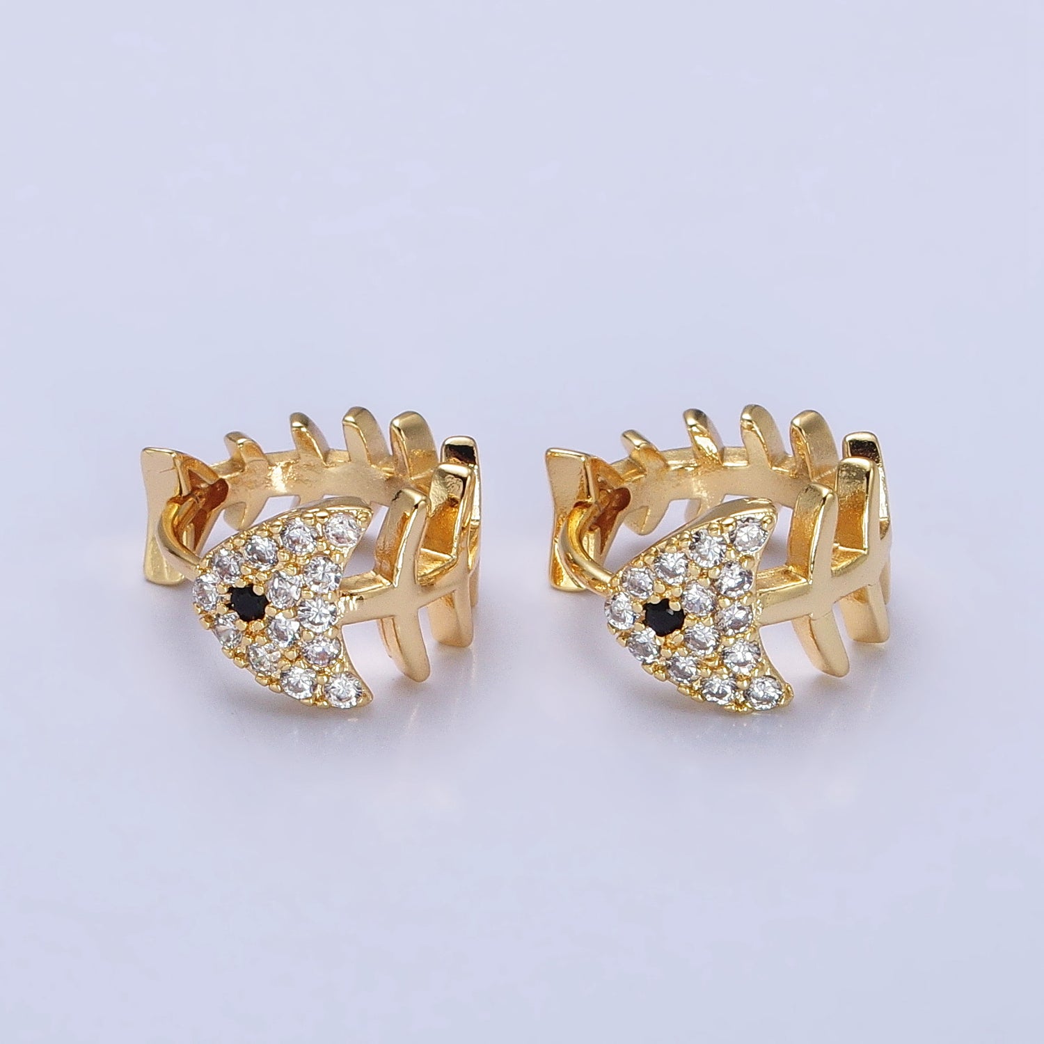 Gold, Silver Black-Eyed Ocean Fish Bone Micro Paved CZ 13mm Huggie Earrings | AB457 AB461 - DLUXCA