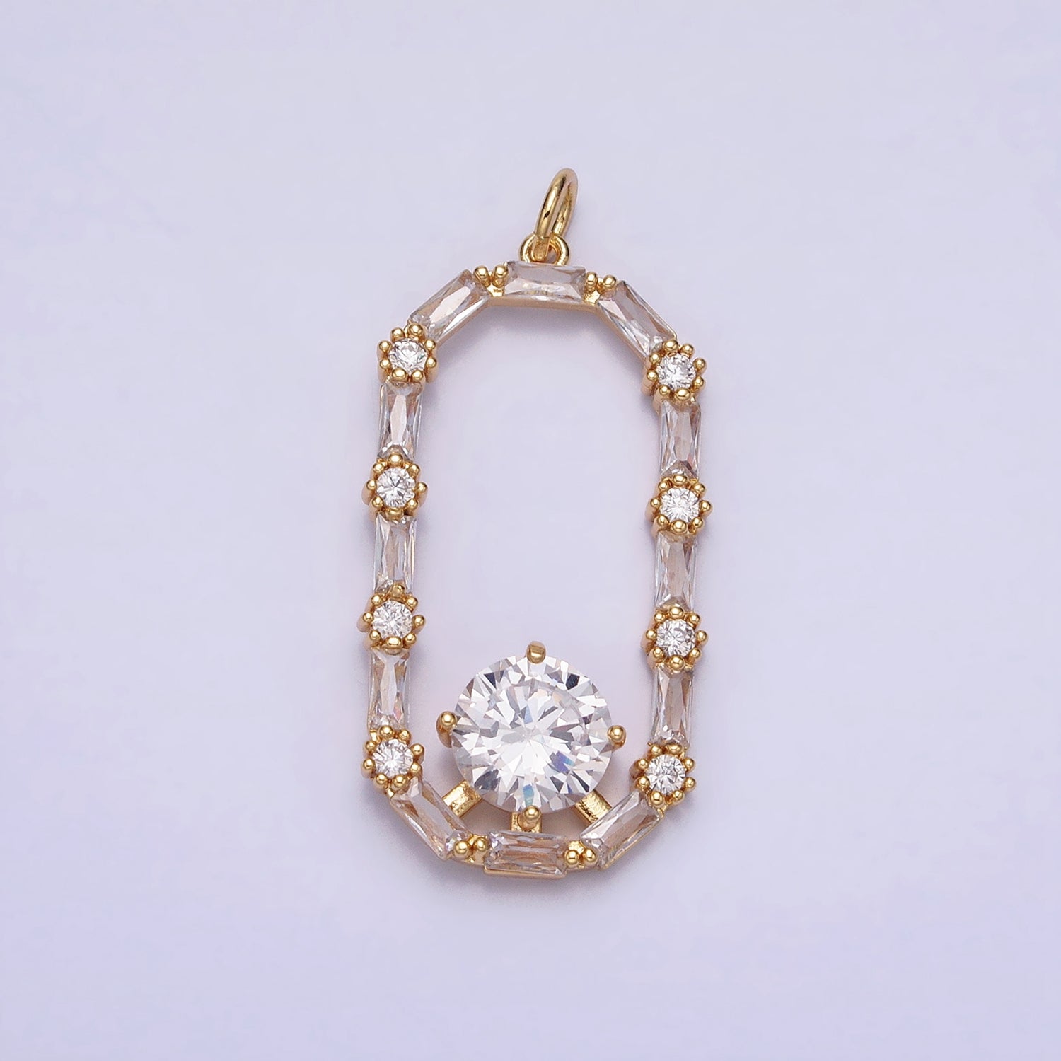 16K Gold Filled Open Oblong Clear CZ Baguette Round CZ Charm in Gold & Silver | AB970 AB971 - DLUXCA