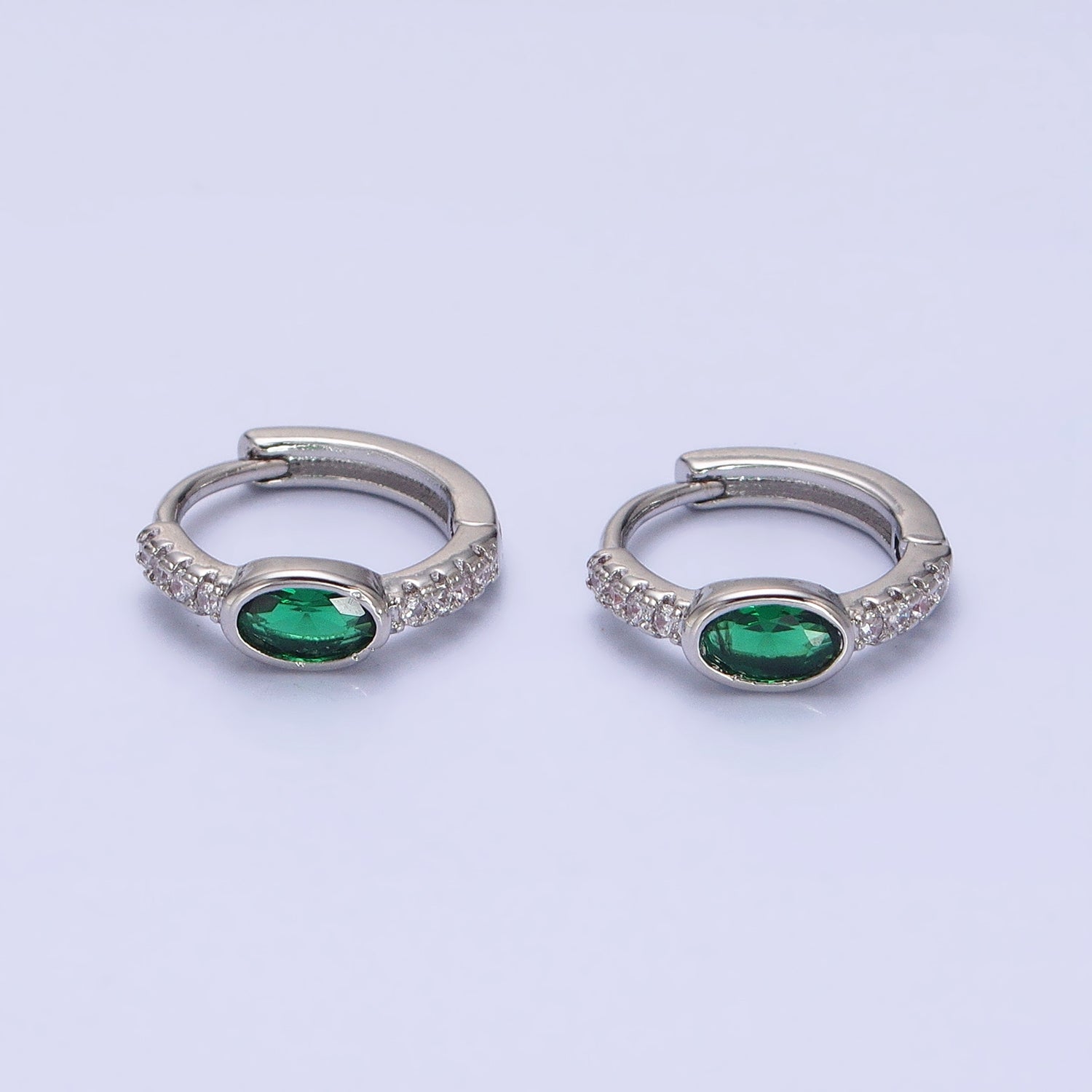 16K Gold Filled Emerald Green Oval Micro Paved CZ 13mm Thin Huggie Earring in Gold & Silver | AD865 AD866 - DLUXCA