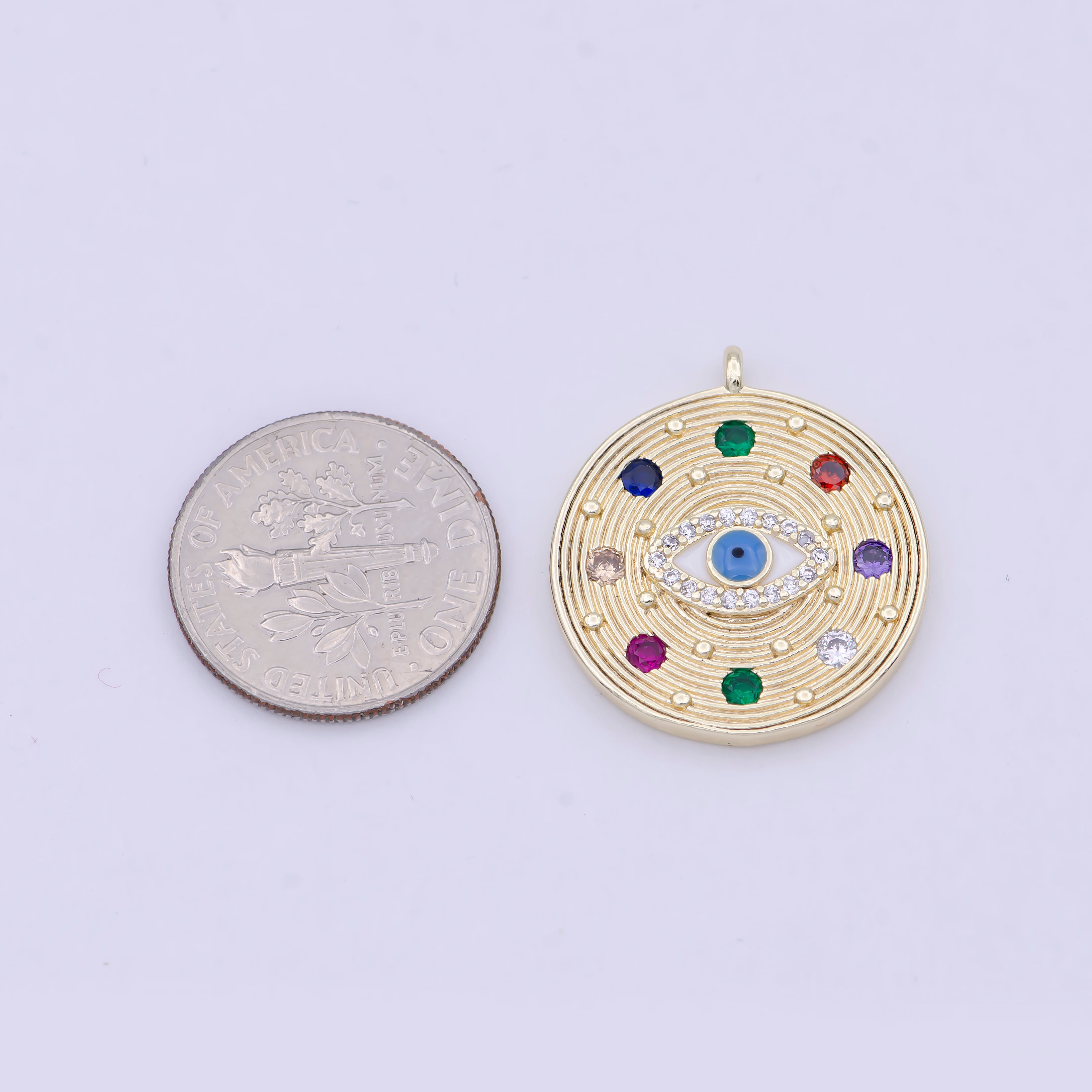 Dainty Multi Color Cz Stone Coin Charm Gold Evil Eye Pendant W-158 - DLUXCA