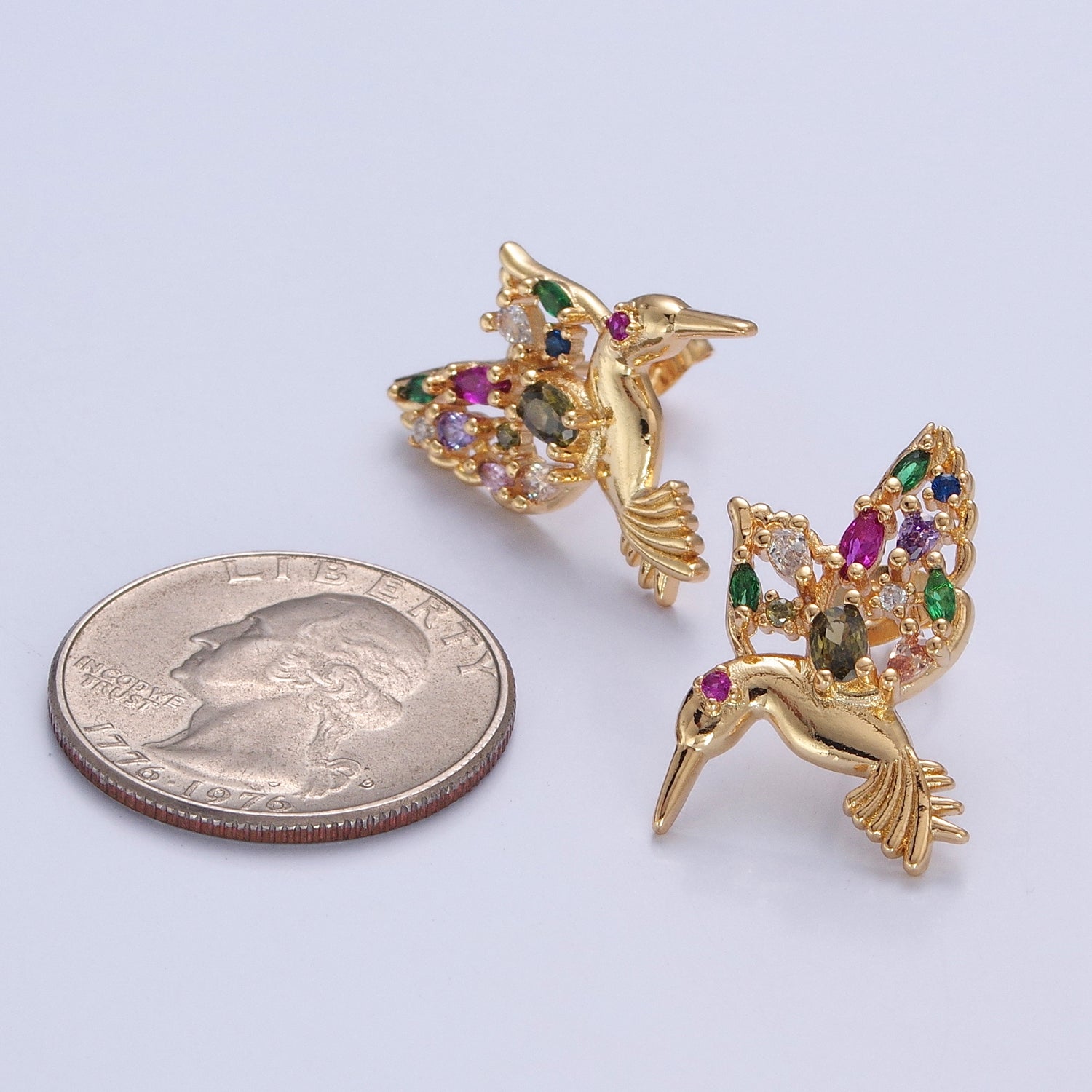 GOLD Hummingbird Stud Earrings, Bird Gift Pave Earrings T-519 - DLUXCA