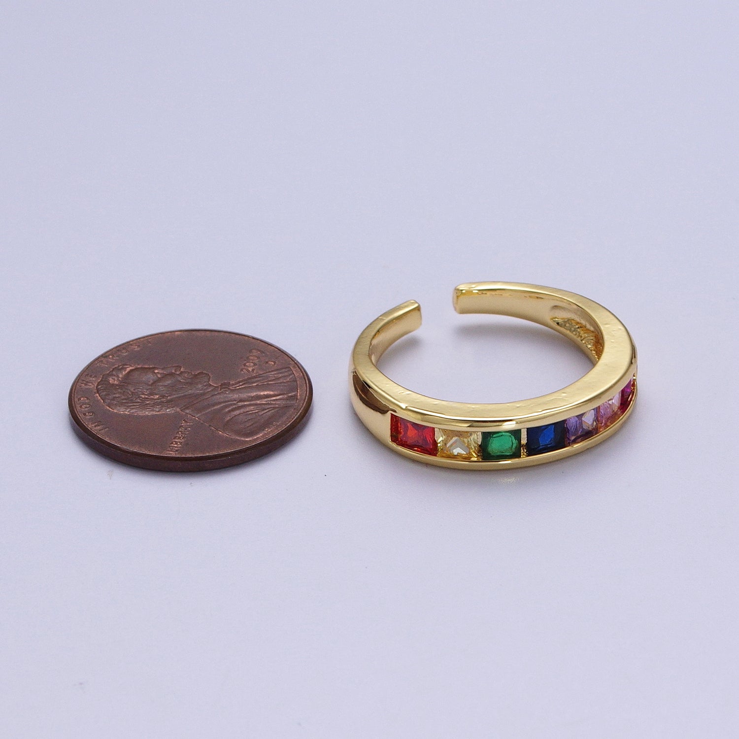 Gold Filled Rainbow Multicolor Square Baguette CZ Lined Band Ring | Y452 - DLUXCA