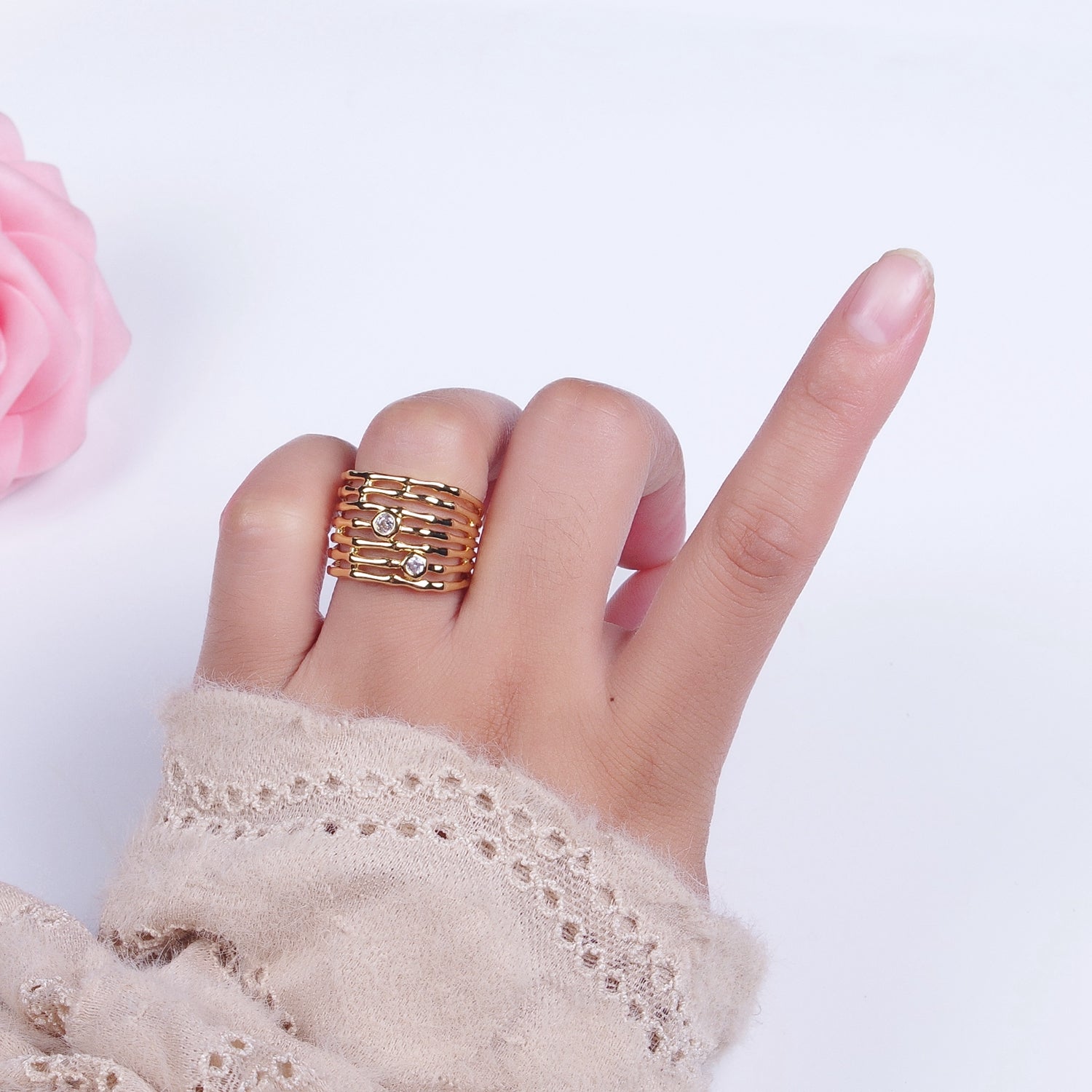 Gold Wide Multiple Bamboo Geometric CZ Band Statement Ring | Y370 - DLUXCA