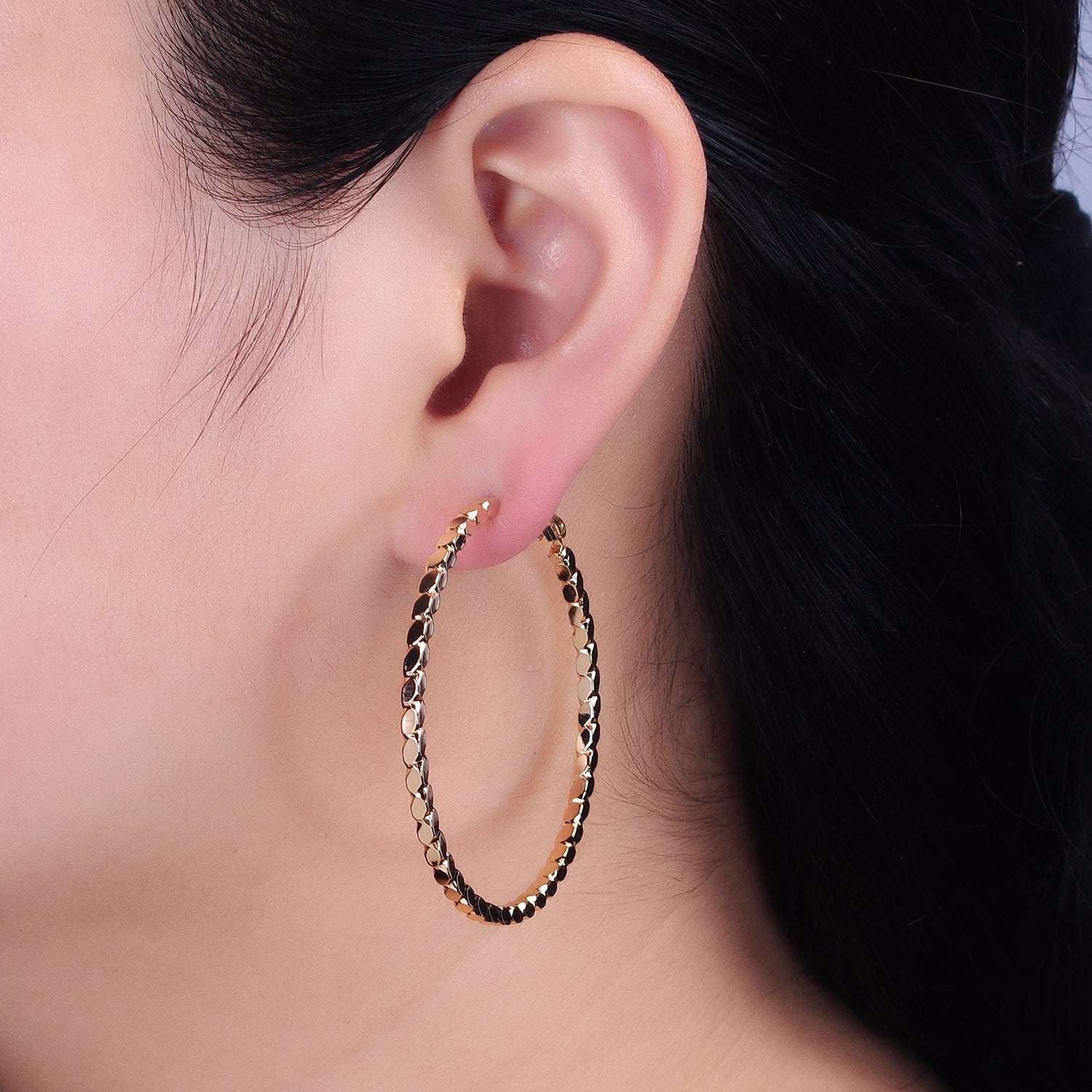 16K Gold Filled Oval Textured Geometric 50mm Hinge Hoop Earrings in Gold & Silver | AB1435 AB1436 - DLUXCA
