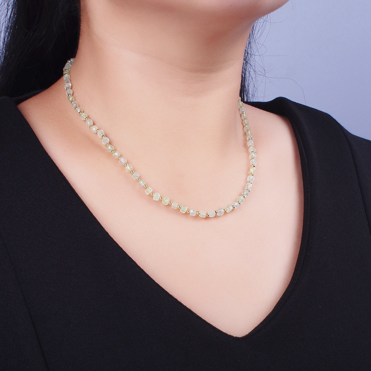 16 Inch Natural Prasiolite Green Multifaceted Cube Gemstone w. Gold Bead Choker Necklace | WA-1446 - DLUXCA