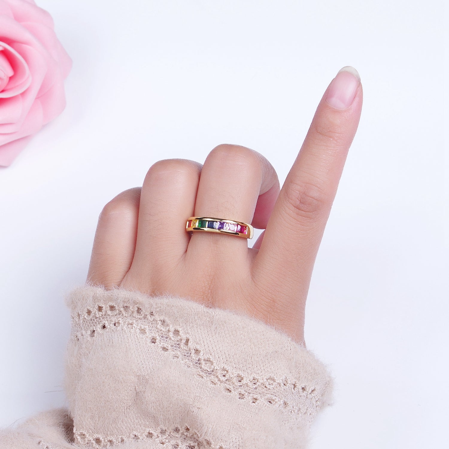 Gold Filled Rainbow Multicolor Square Baguette CZ Lined Band Ring | Y452 - DLUXCA