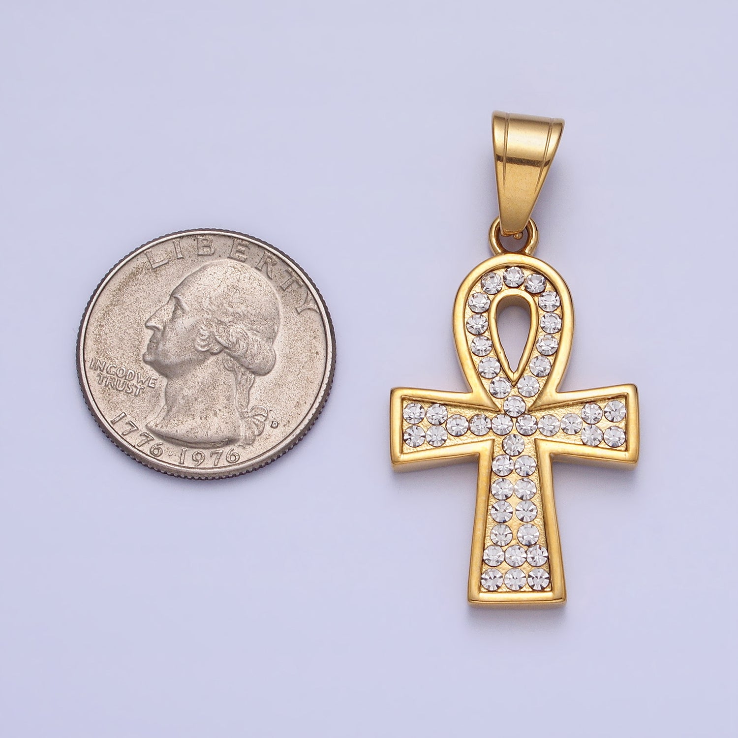 Stainless Steel Clear Micro Paved CZ Egyptian Ankh Key Cross Gold Pendant | J796 - DLUXCA