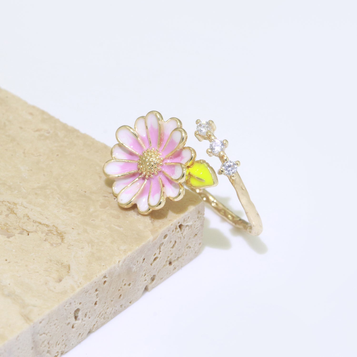 Dainty Sun Flower Stacking Ring, Gold Minimalist Ring Open Adjustable Ring Enamle Ring Gold Filled - DLUXCA