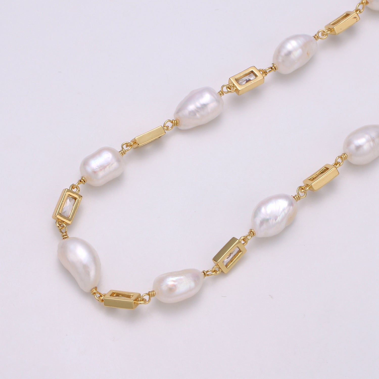 24K Gold Filled Chain by Yard, Baroque Pearl Micro Pave Clear Cubic Square Charm Chain, White Pearl CZ, Chain-349,350,351 - DLUXCA