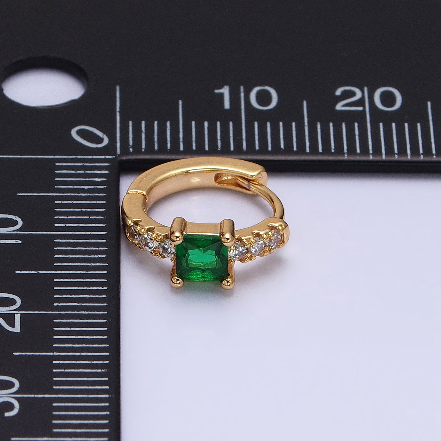 Mini Gold Filled Huggie Earring with Emerald Green Cz Stone 15mm Hoop AB815 - DLUXCA