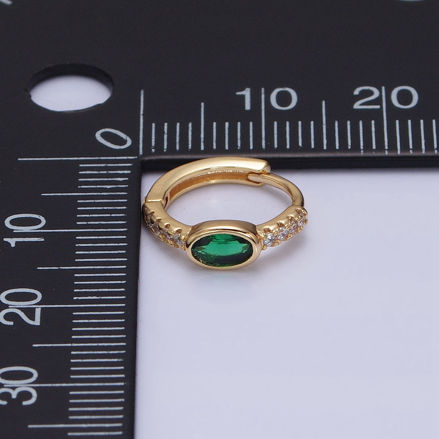 16K Gold Filled Emerald Green Oval Micro Paved CZ 13mm Thin Huggie Earring in Gold & Silver | AD865 AD866 - DLUXCA