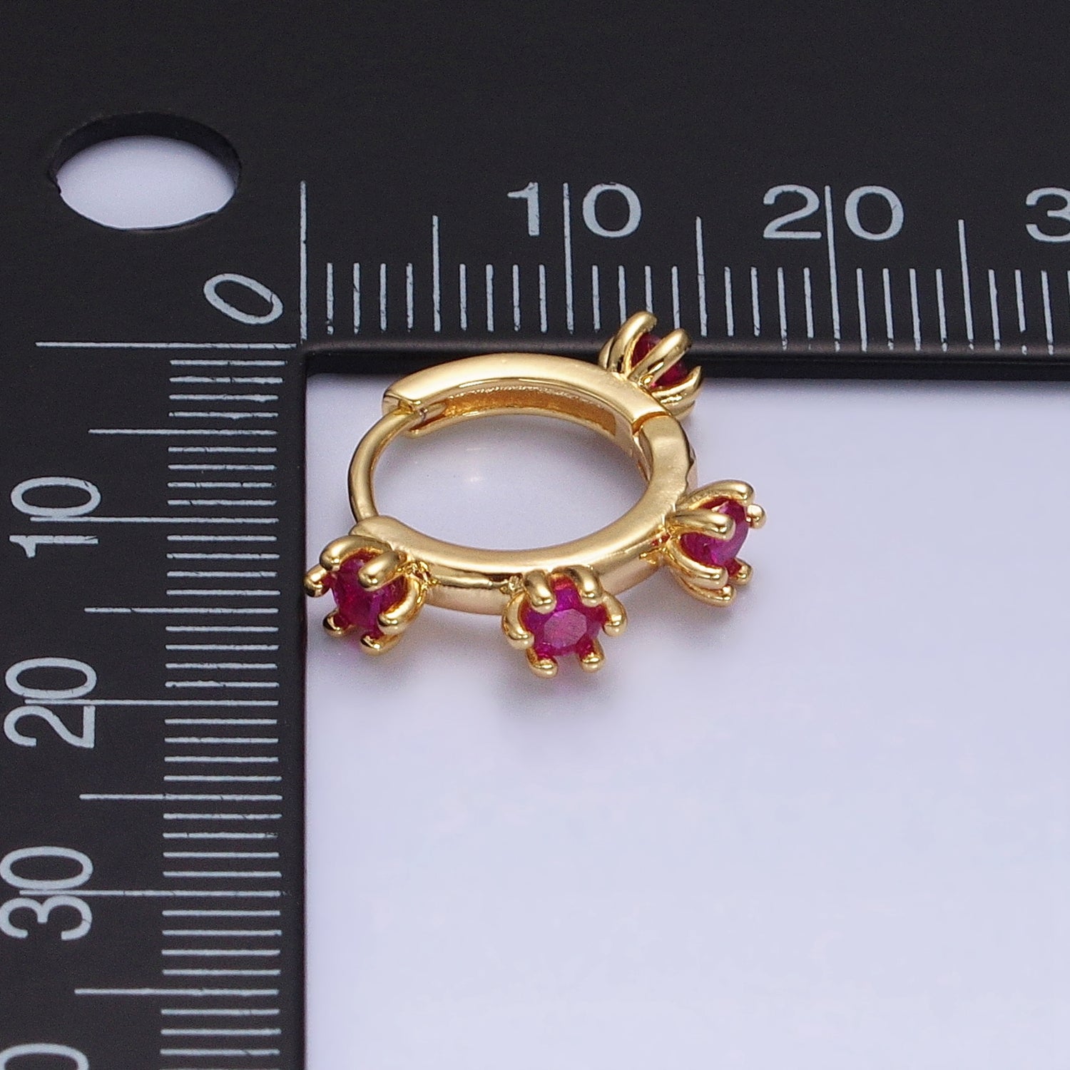 16K Gold Filled 15.5mm Fuchsia CZ Dotted Outline Huggie Earrings | AD1300 - DLUXCA