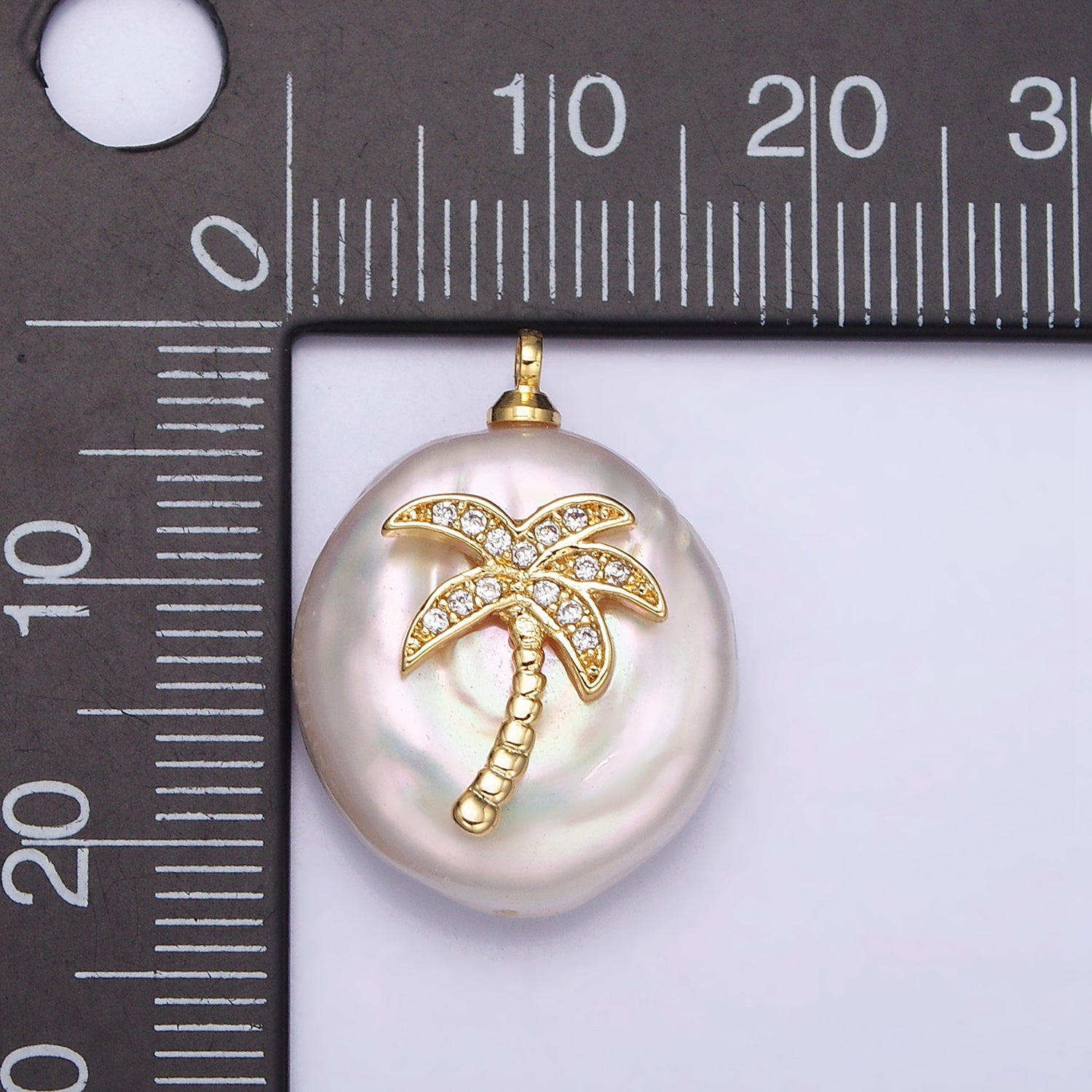 16K Gold Filled Palm Tree Micro Paved CZ Freshwater Pearl Charm | AC1331 - DLUXCA