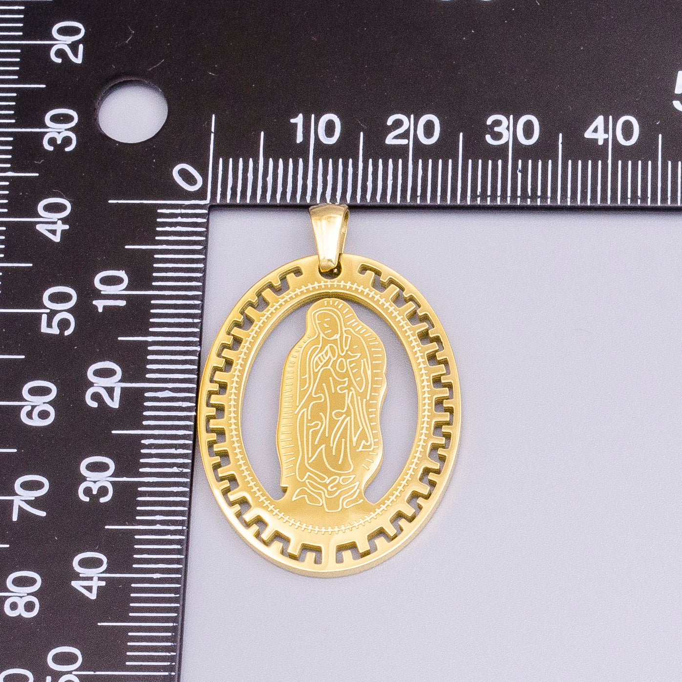 Stainless Steel Mother Mary Lady Guadalupe Engraved Open Gear Oval Pendant in Gold & Silver | AB1403 AB1404 - DLUXCA