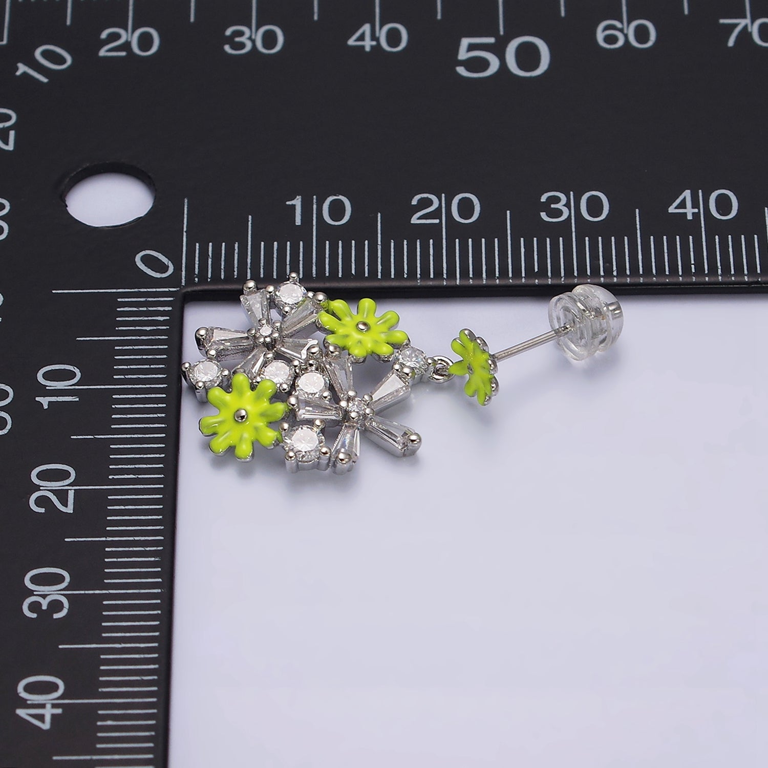 16K Gold Filled Pink, White Enamel Flower Baguette Drop Stud Earrings in Gold & Sliver | AE334 - AE460 - DLUXCA