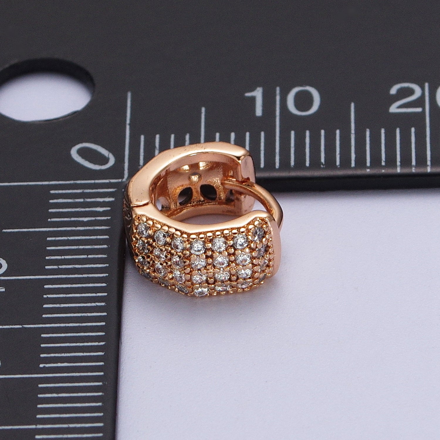 11mm Wide Hexagonal Clear Micro Paved CZ Huggie Earrings in Silver & Pinky Gold | P077 AB010 - DLUXCA