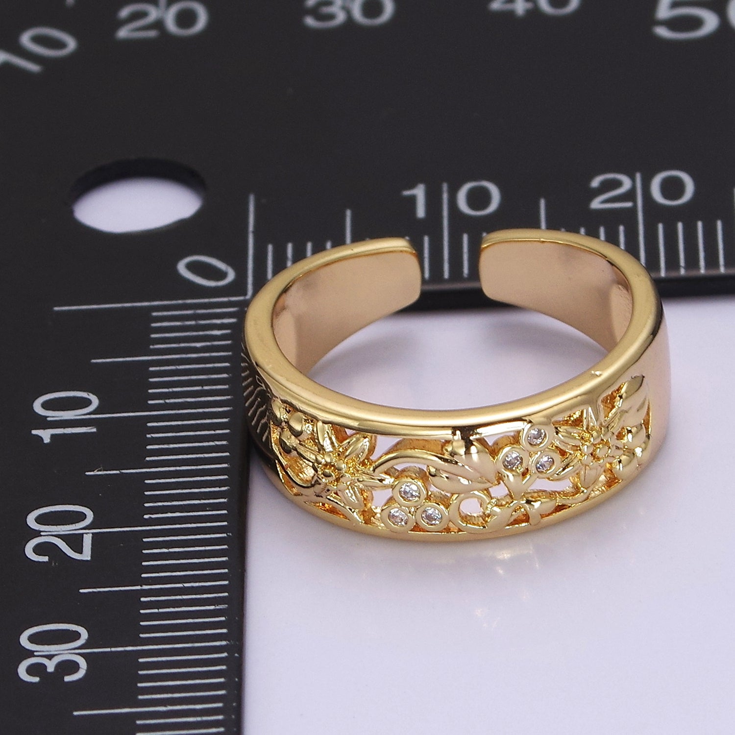 Dainty Art Deco Ring Flower Carved Design 18k Gold Filled Open Adjustable Ring V-228 - DLUXCA