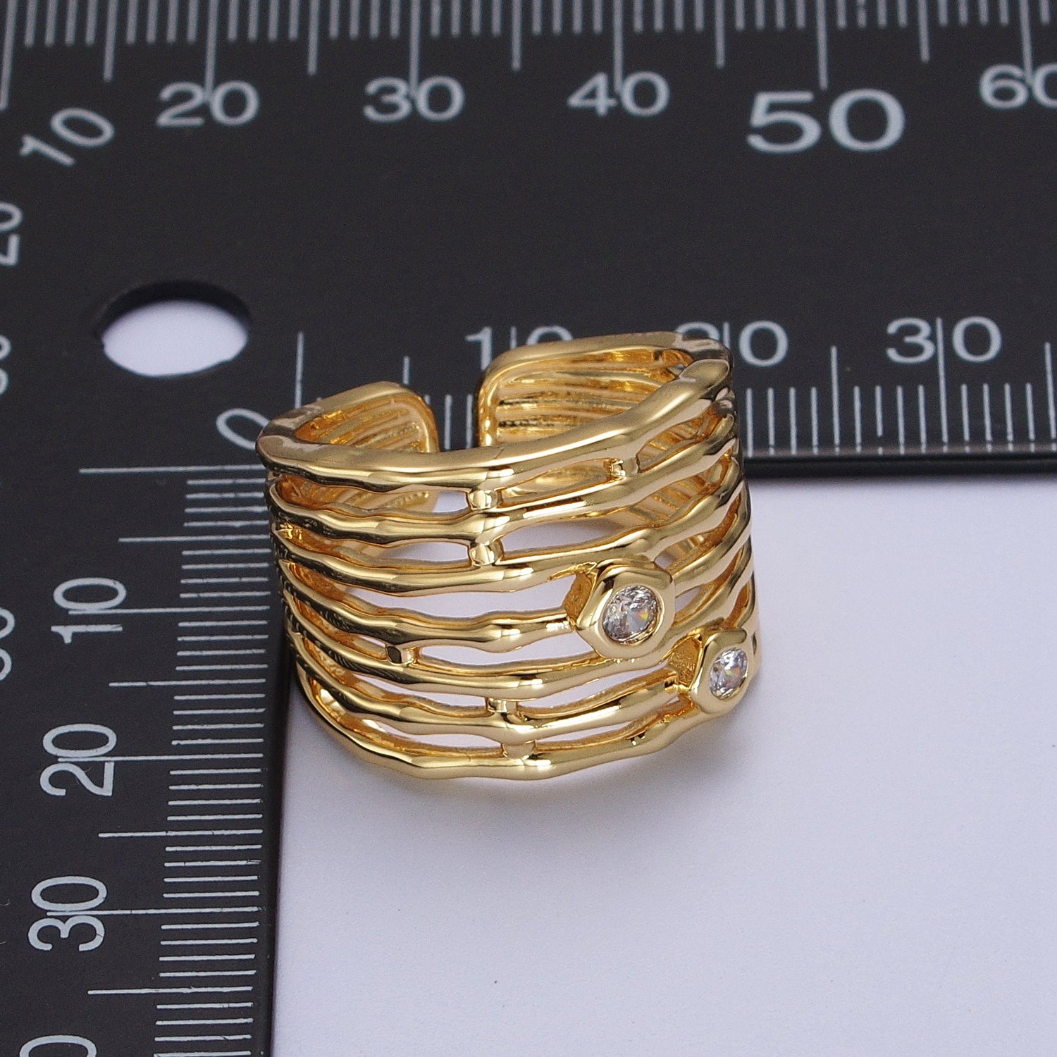 Gold Wide Multiple Bamboo Geometric CZ Band Statement Ring | Y370 - DLUXCA