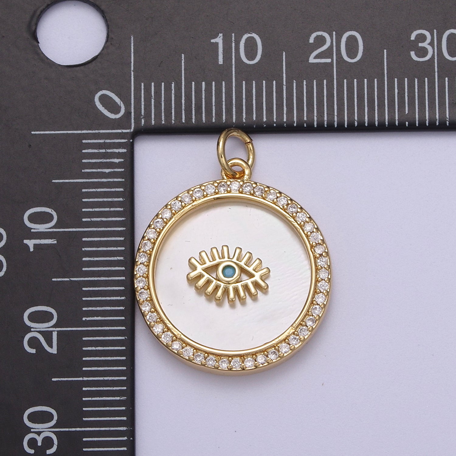 14K Gold Filled Medallion Charm Mother of Pearl, Micro Pave Evil eye Pendant For Minimalist Jewelry - DLUXCA