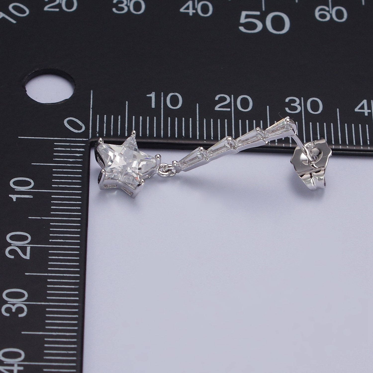 Long Silver Baguette Stone with CZ Star Earring Stud Celestial Jewelry AB1036 - DLUXCA