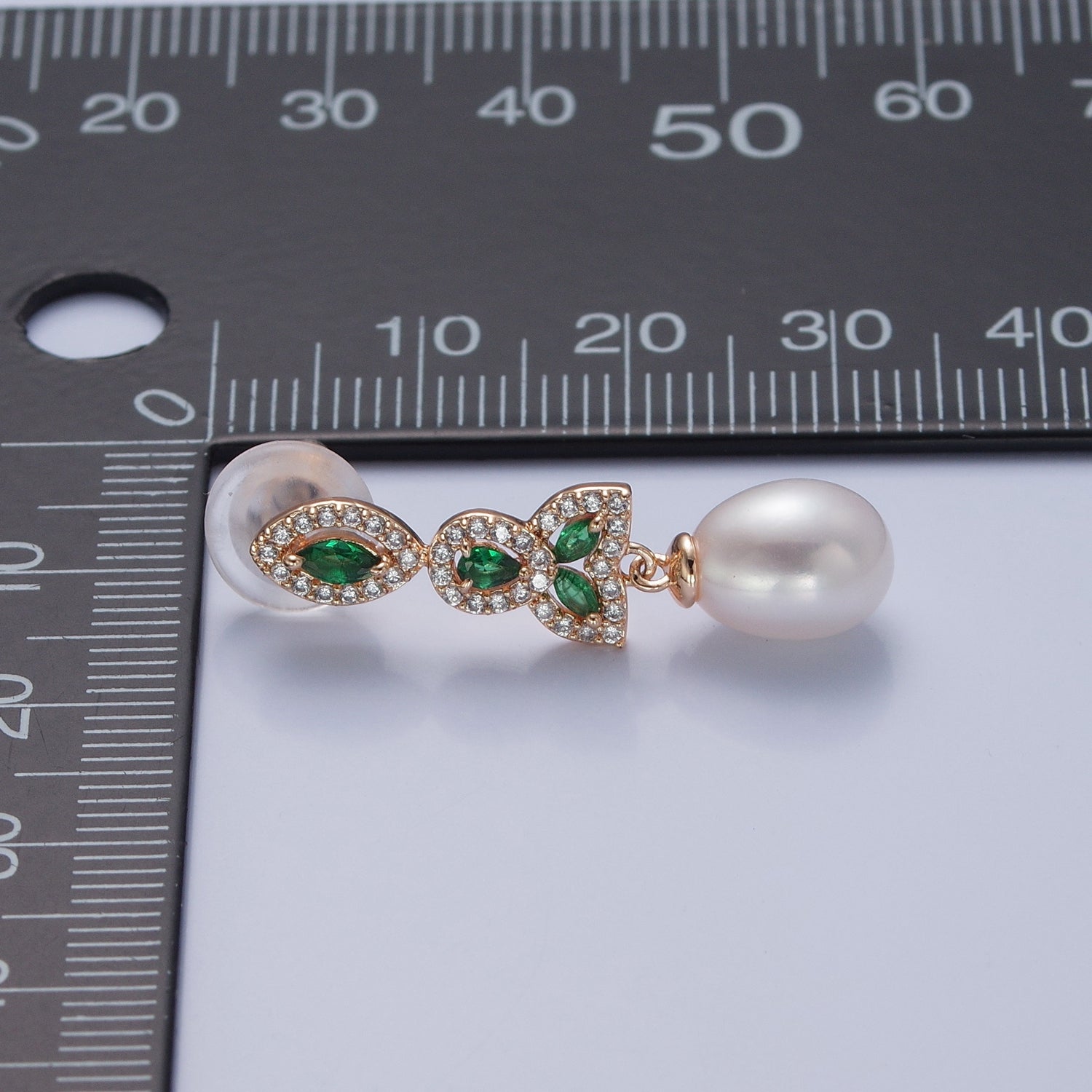 Dangle White Pearl Stud Earring with Gold Green Pave Flower for Wedding Jewelry T-532 - DLUXCA