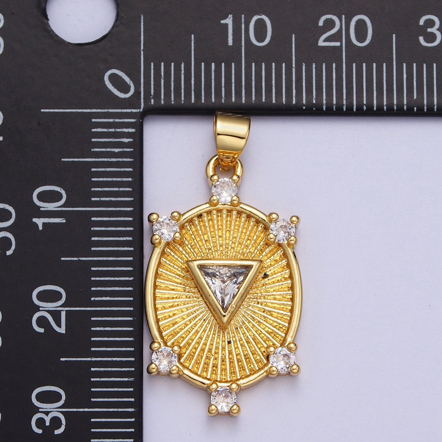 Gold CZ Sunburst Oval Pendant, Gold Clear Micro Paved Triangle Cut Center CZ Sunburst Shining Patterned Oval Medallion Charm | X-540 - DLUXCA