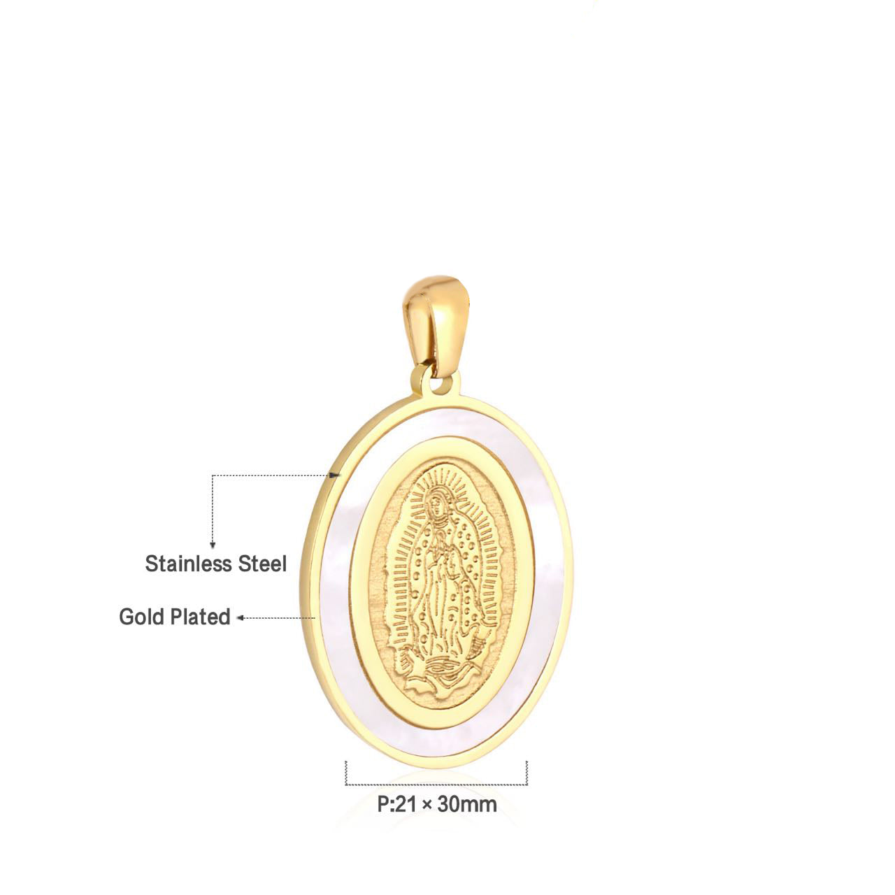 Stainless Steel Mother Virgin Mary Guadalupe Engraved Shell Pearl Oval Pendant in Gold & Silver | J745 J748 - DLUXCA