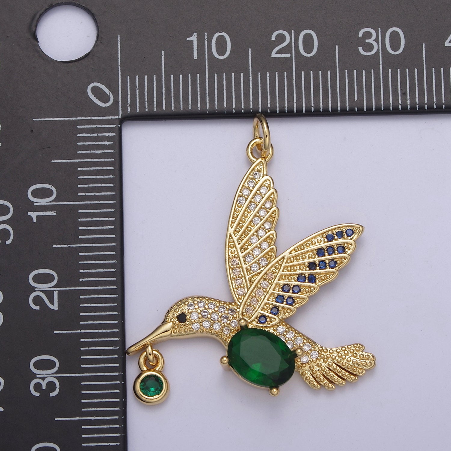 Gold Hummingbird Charm 24k Gold Filled Humming Bird Pendant 36mmx28.1mm gold Green Cz Animal jewelry - DLUXCA