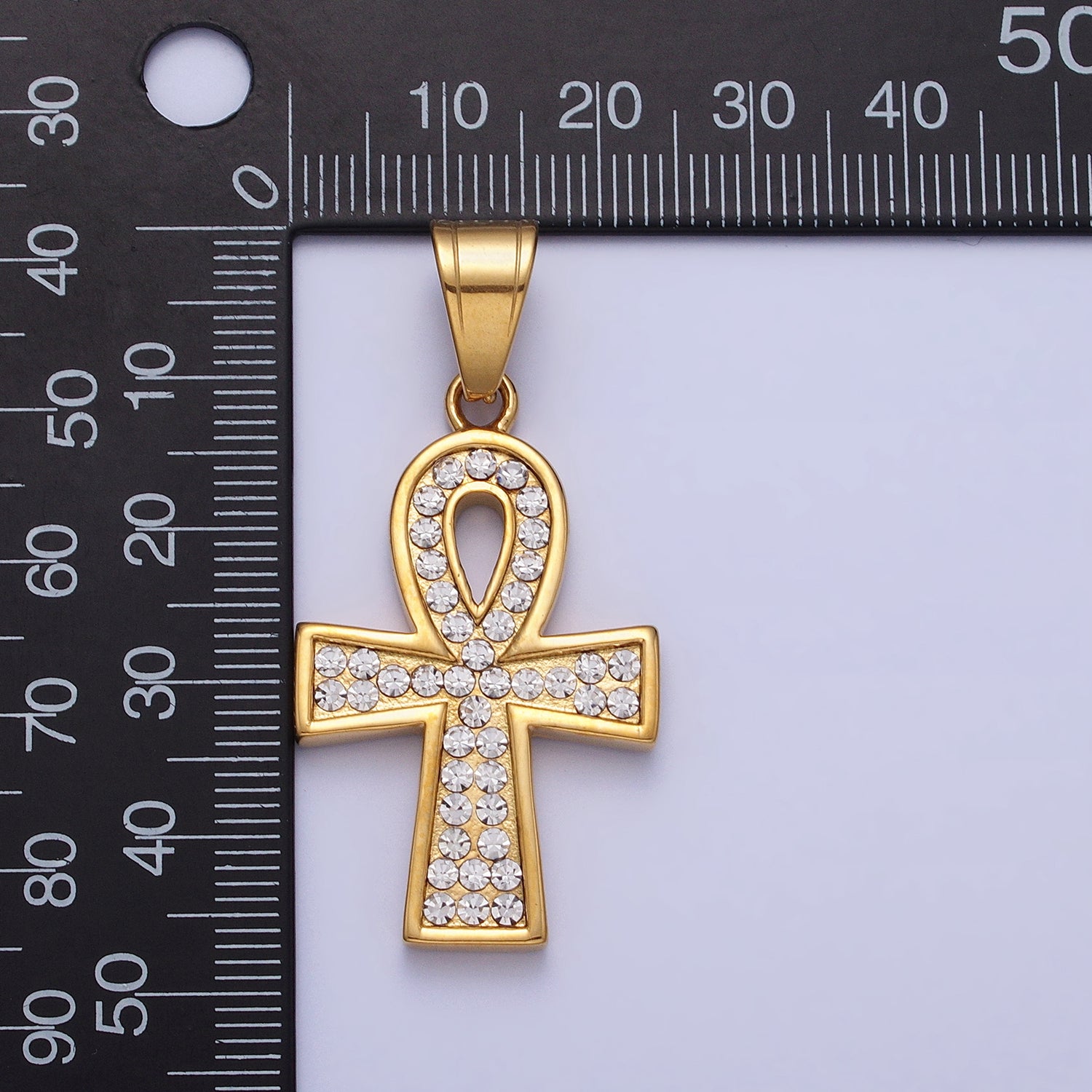 Stainless Steel Clear Micro Paved CZ Egyptian Ankh Key Cross Gold Pendant | J796 - DLUXCA