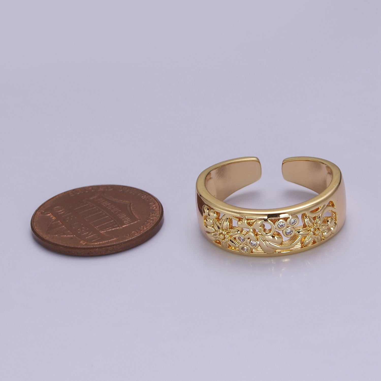 Dainty Art Deco Ring Flower Carved Design 18k Gold Filled Open Adjustable Ring V-228 - DLUXCA
